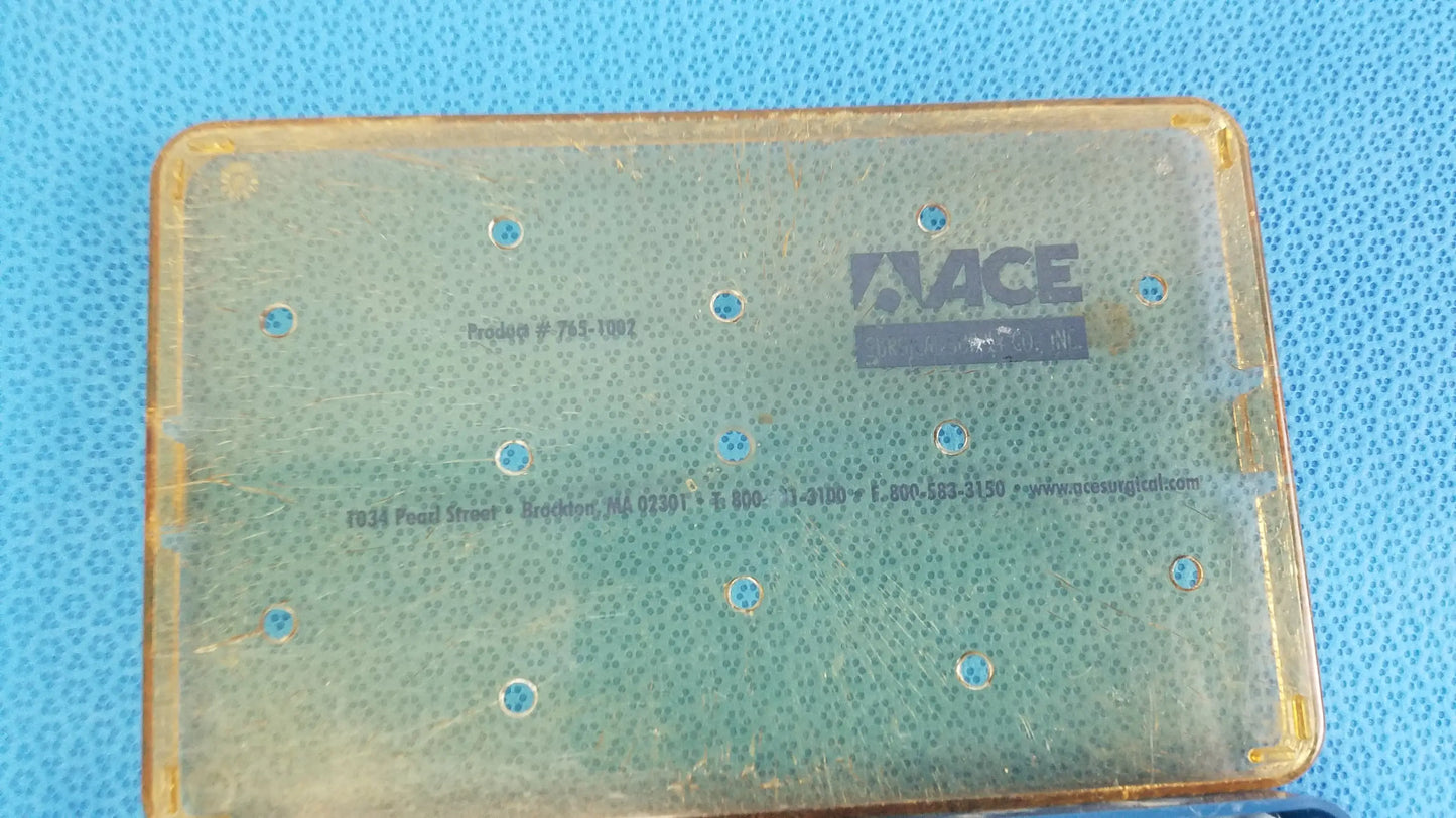 Transparent yellow plastic sterilization tray with blue dot grid and branding for Stryker multigen radiofrequency probe