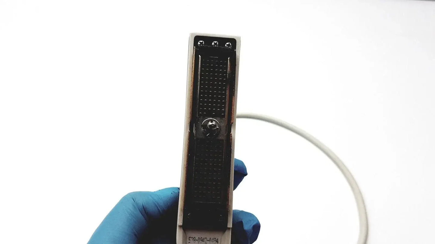 A sleek rectangular acuson c3 needle guide convex array ultrasound transducer probe with black textured panel and silver edges