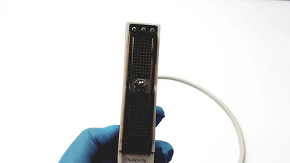 A sleek rectangular acuson c3 needle guide convex array ultrasound transducer probe with black textured panel and silver edges