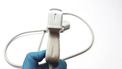 Gray plastic acuson c3 needle guide convex array ultrasound transducer probe with textured grip and coiled cable medical equipment