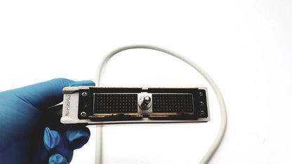 Acuson c3 needle guide convex ultrasound probe with sleek white plastic casing and black metal reed plates medical equipment