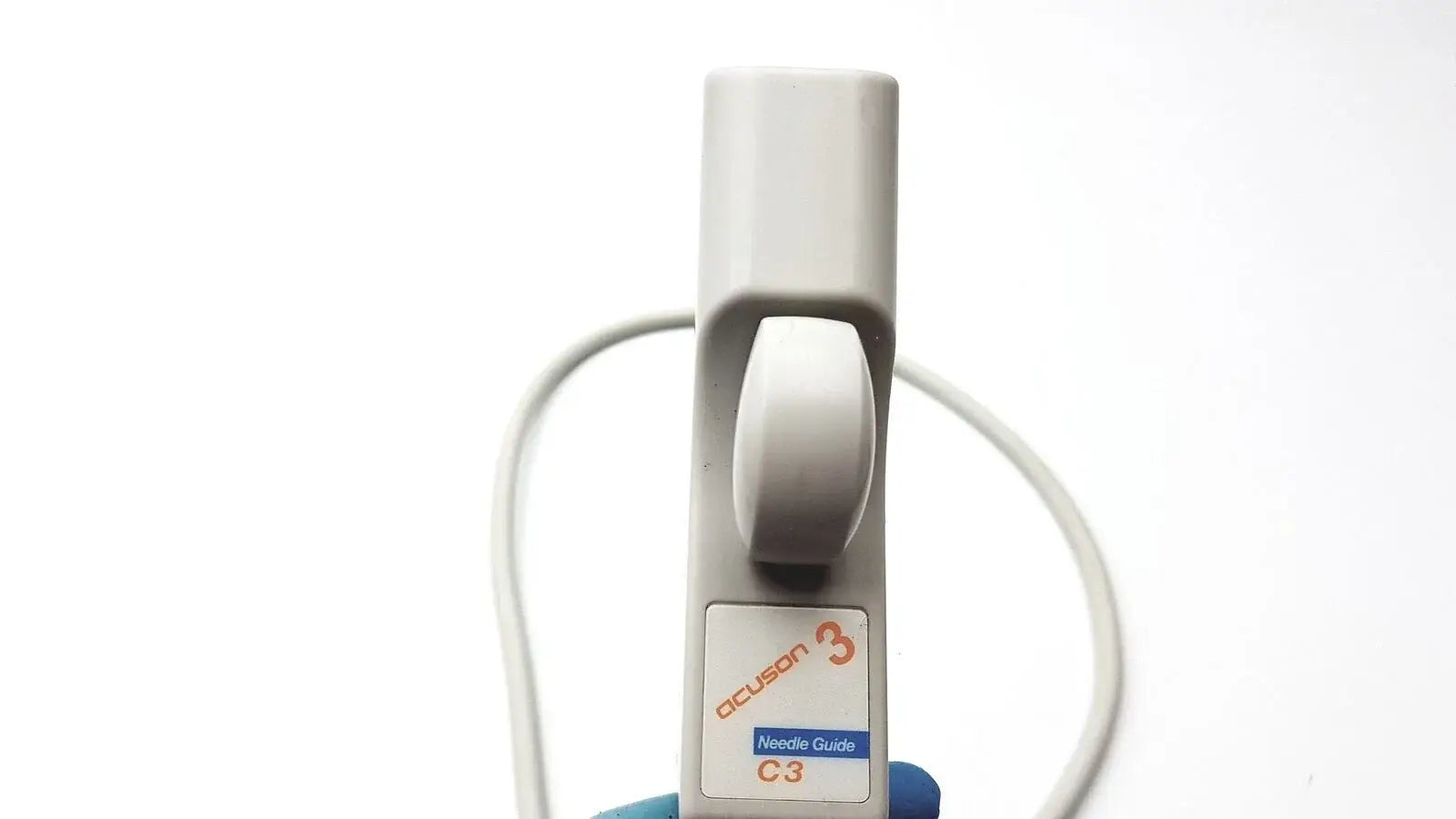 Gray plastic acuson c3 needle guide convex array ultrasound transducer probe with white dial and orange label medical equipment