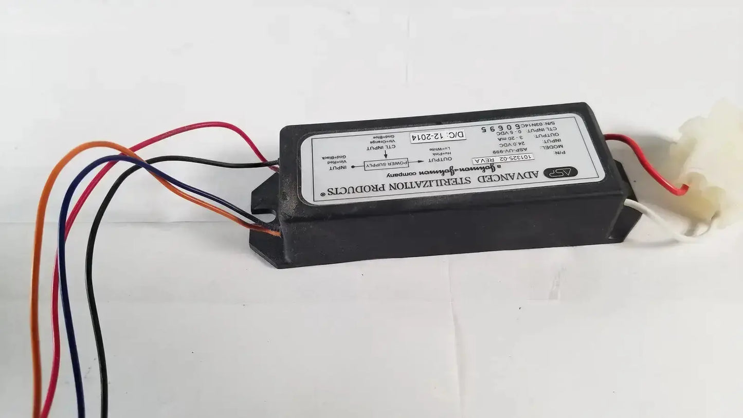 Black rectangular advanced sterilization products light power supply asp-uv-999 with multiple colored wires and technical label
