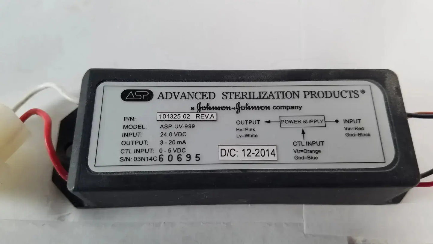 Black rectangular advanced sterilization products light power supply asp-uv-999 with white label showing technical specs and wiring codes