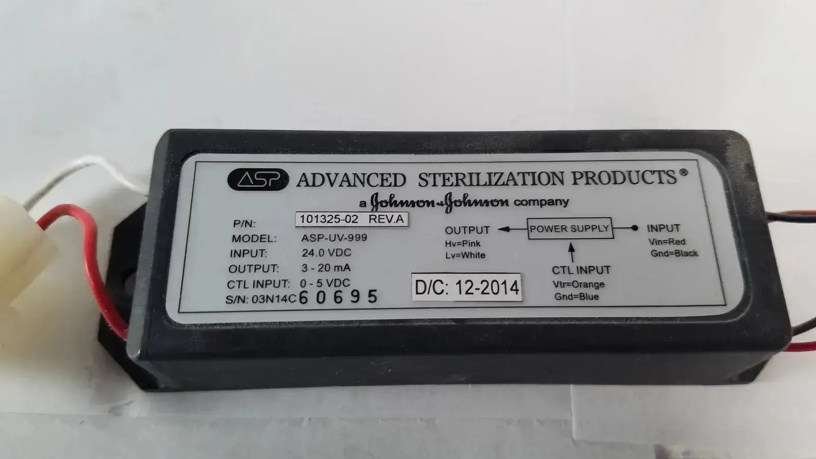 Black rectangular advanced sterilization products light power supply asp-uv-999 with white label showing technical specs and wiring codes