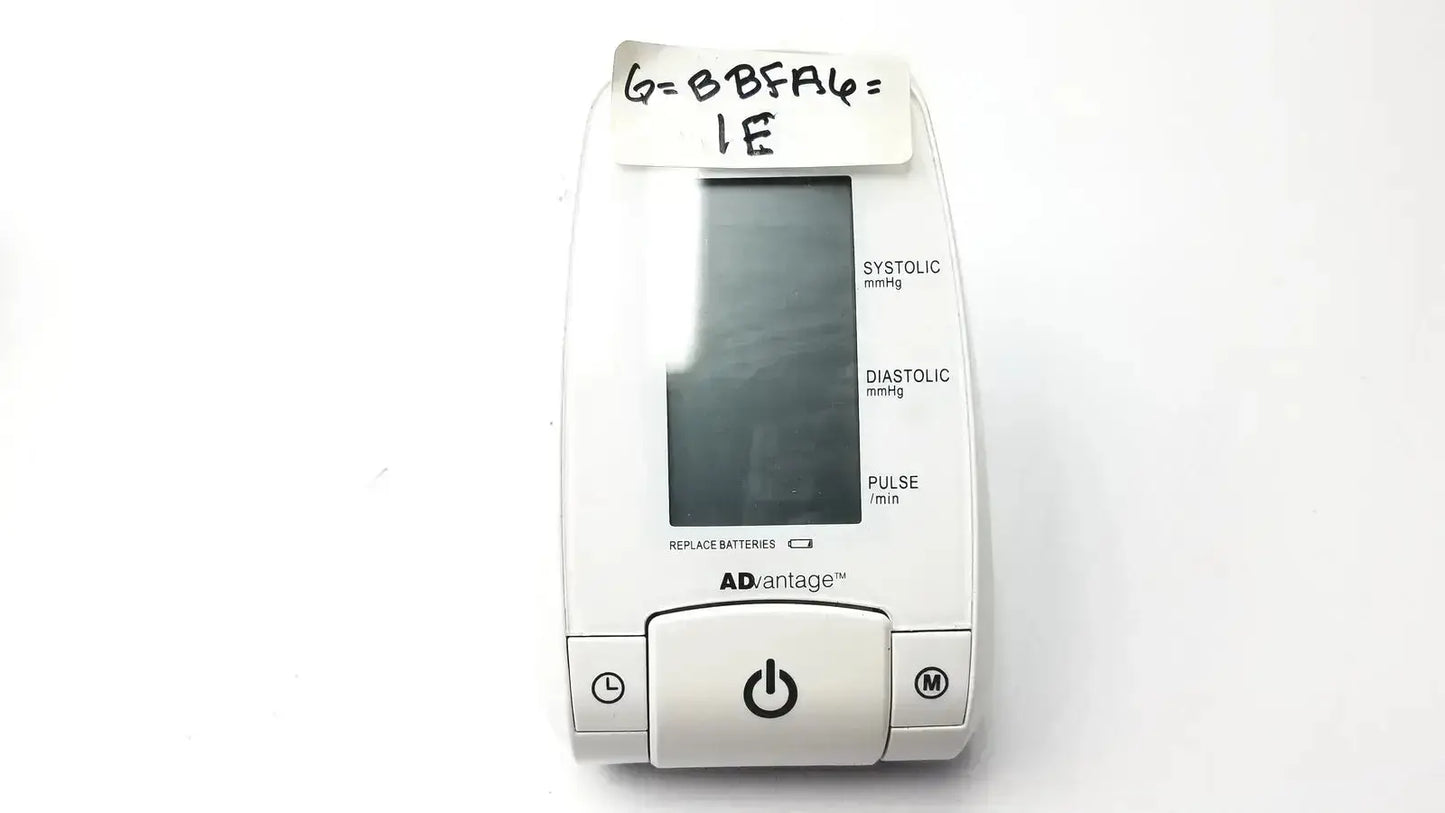 White plastic advantage digital bp monitor 6021 with a digital display and labeled measurement indicators by adc advantage