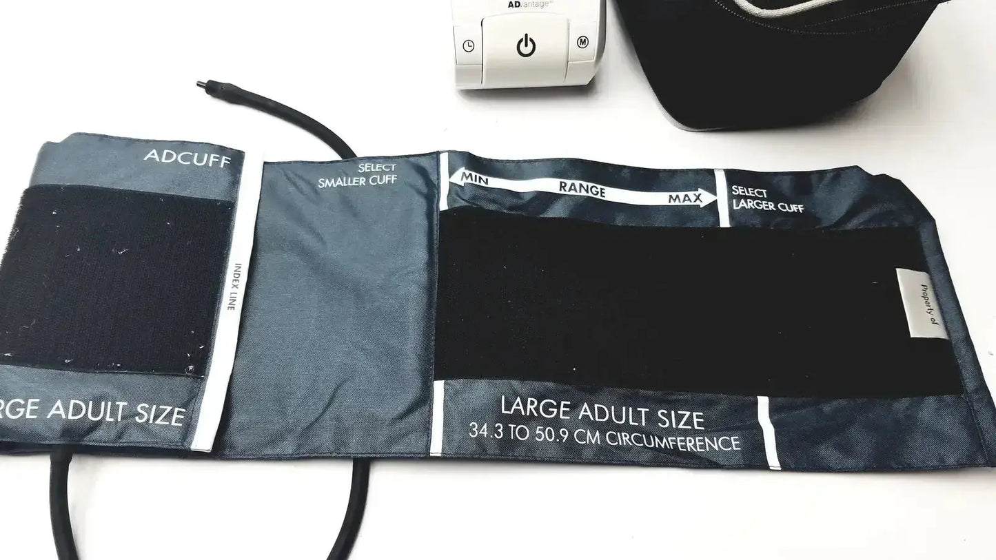 Black fabric blood pressure cuff with white sizing markings for adult use on advantage digital bp monitor 6021