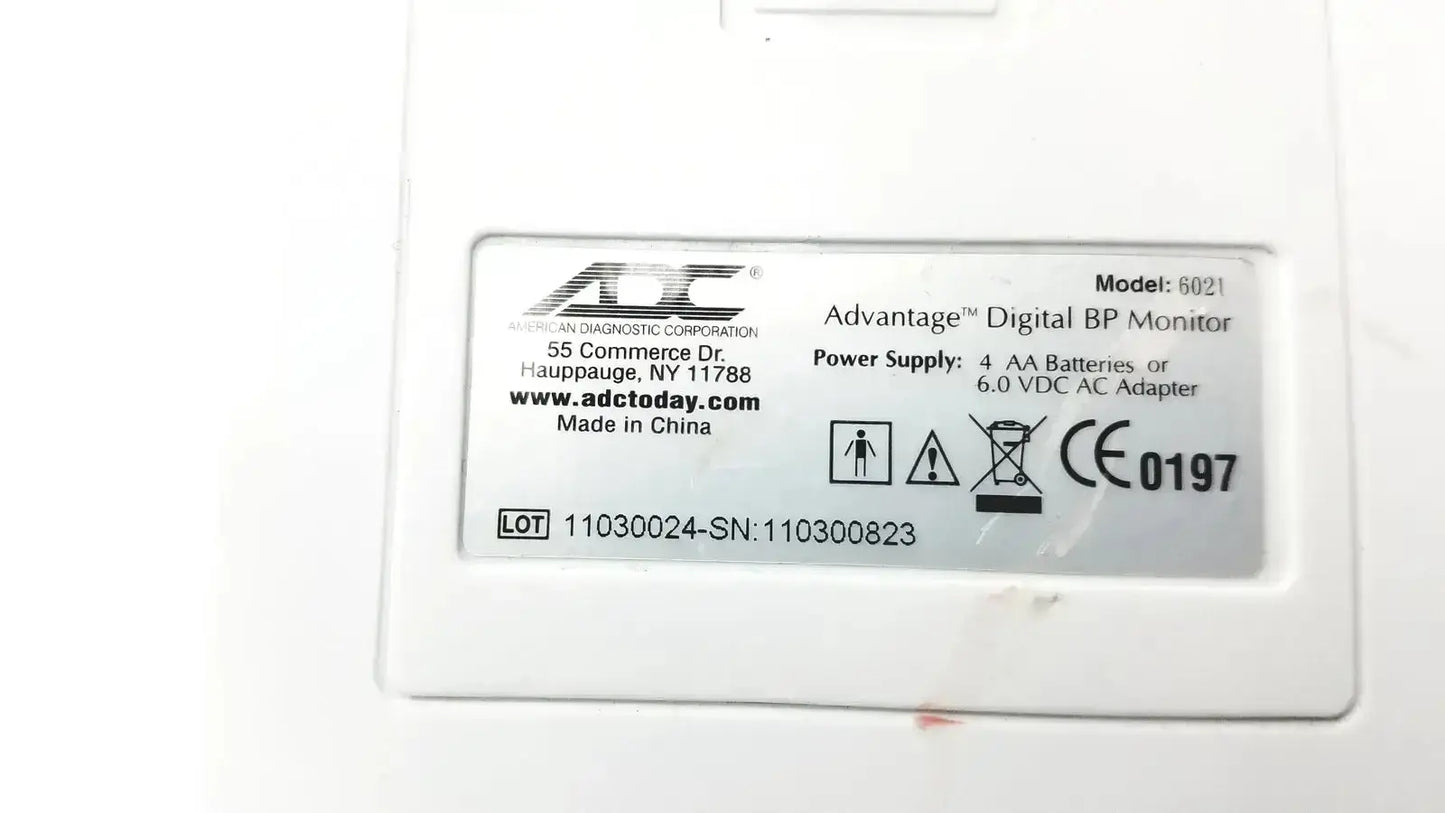 White plastic advantage digital bp monitor model 6021 with aa battery and 6.0 vdc ac adapter options for used medical equipment for sale