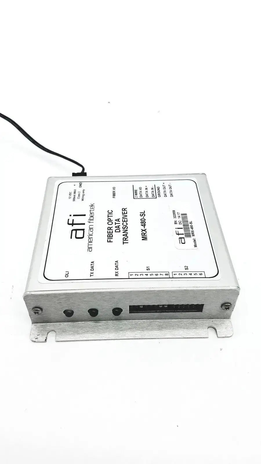 Silver metallic american fibertek mrx-480-sl optic data transceiver with black cable and labeled model m rx 485 sl