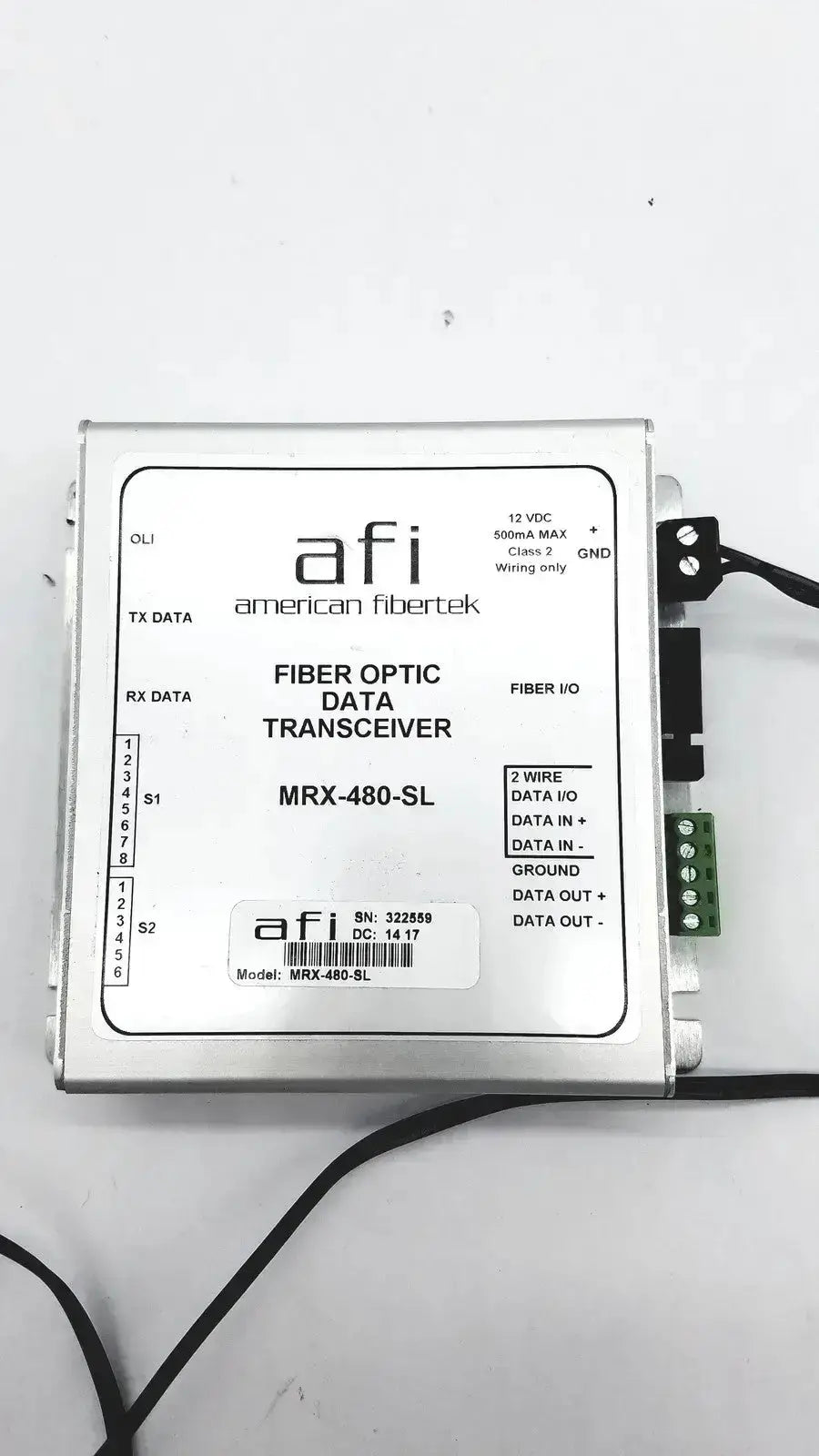 Silver metallic american fibertek mrx-480-sl optic data transceiver with labeled ports and green terminal block on side