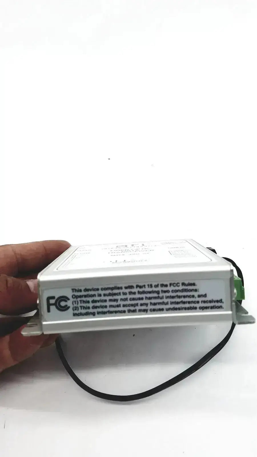 White rectangular electronic power supply unit with black cables and green terminal connector for american fibertek mrx-480-sl optic data transceiver