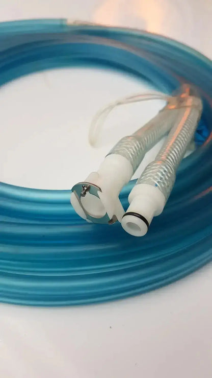 Aiircast air comprressor hose with blue translucent tubing white connectors and metallic fittings for compression devices