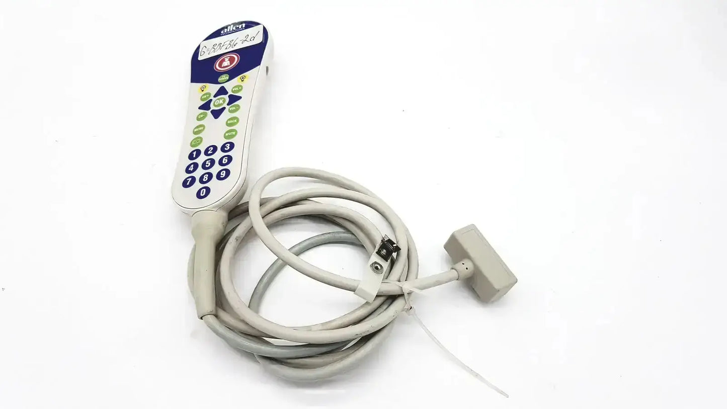 Gray coiled cable with white and blue olympus control panel remote featuring colored buttons for allen technologies curbell pillow speaker nurse call tv remote