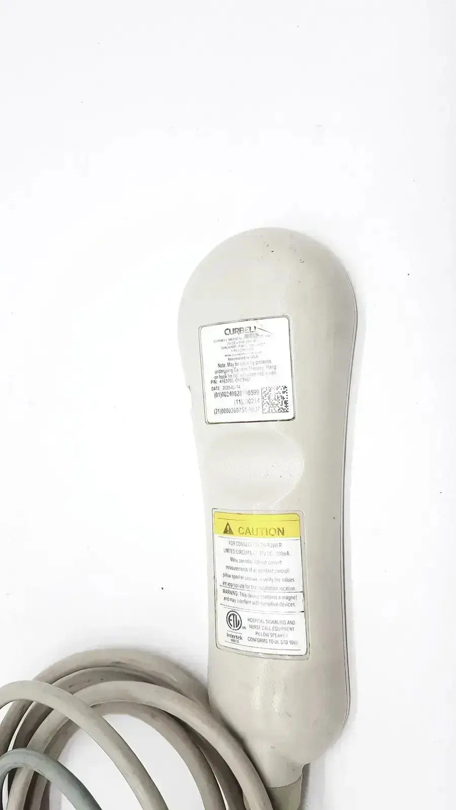 Gray plastic allen technologies curbell pillow speaker nurse call tv remote with coiled gray cable for hospital use