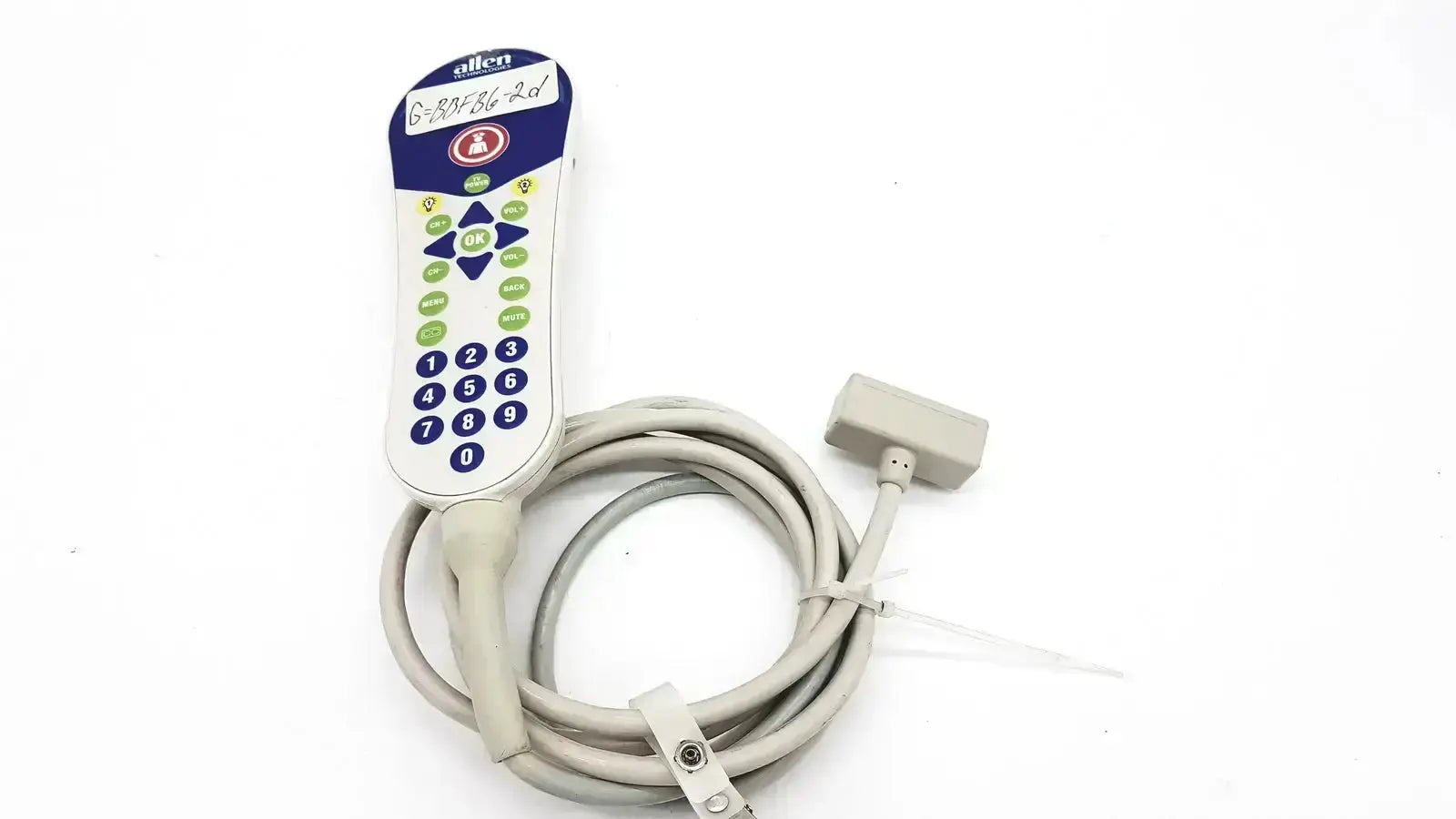 Beige and blue allen technologies curbell medical remote with coiled cable and green purple alphanumeric buttons for nurse call
