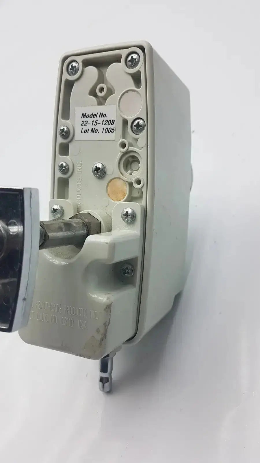 Light gray plastic industrial control box with screws and metal rod for allied healthcare vacutron suction regulator