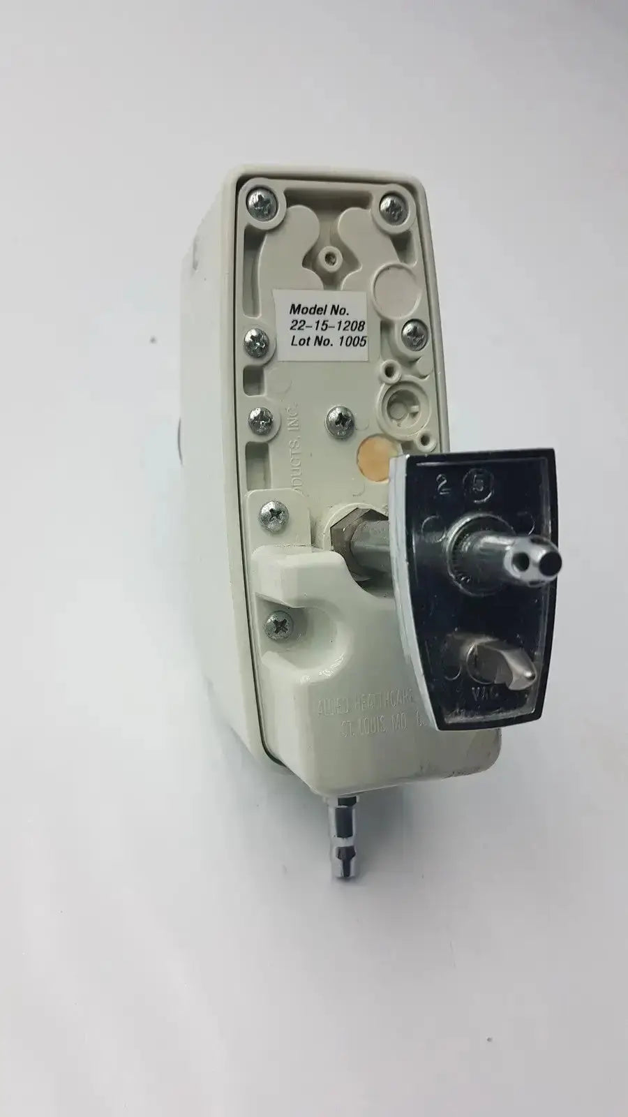 White plastic industrial control valve with black metal handle and silver screws for allied healthcare vacutron suction regulator
