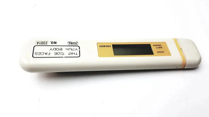 White and yellow aloka pdm-253 mydose mini dosimeter digital caliper with rectangular screen labeled mrem