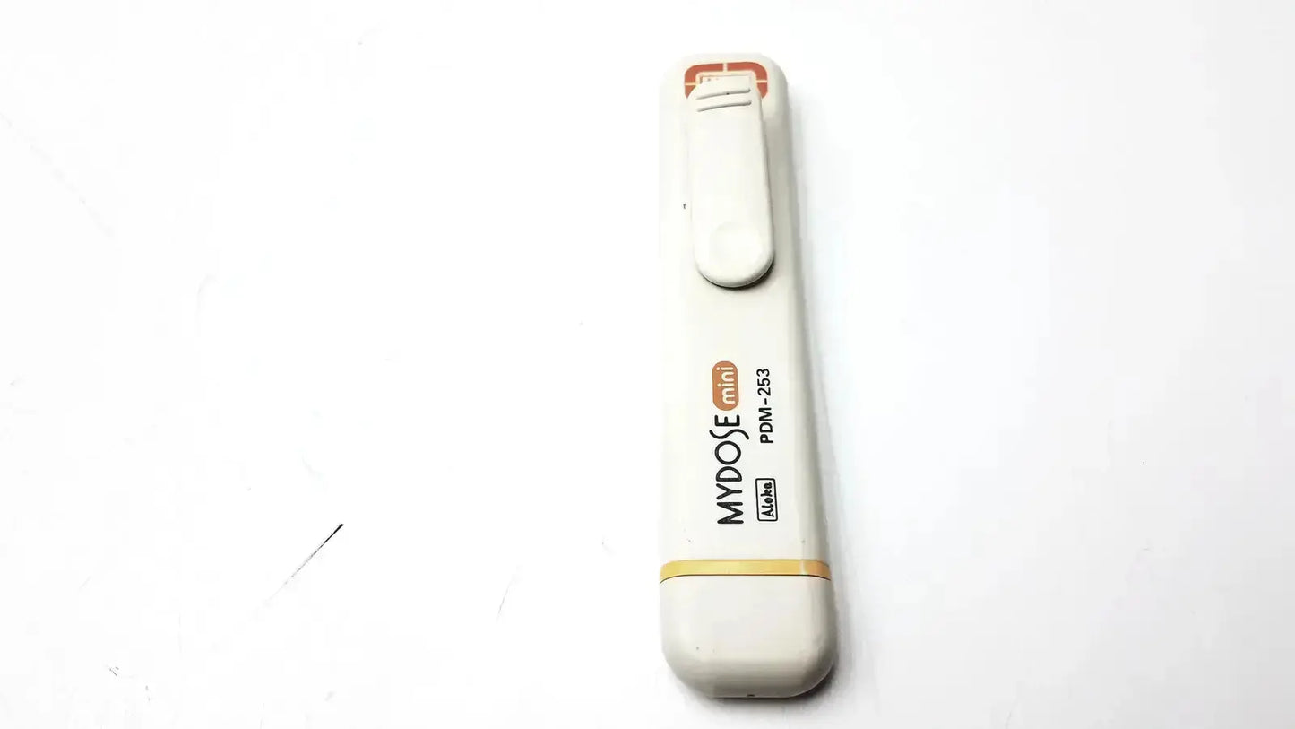 White mydose mini dosimeter pdm-243 glucose meter with clip and yellow accent band for precise dose measurement