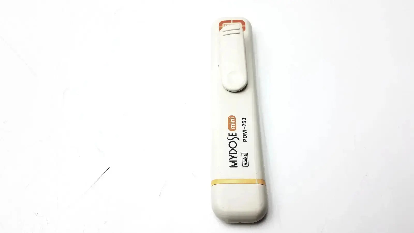White mydose mini dosimeter pdm-243 glucose meter with clip and yellow accent band for precise dose measurement