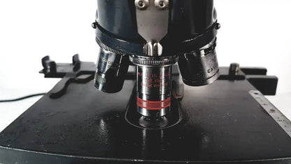 Black american optical spencer microscope with silver and red objective lens engraved made in japan