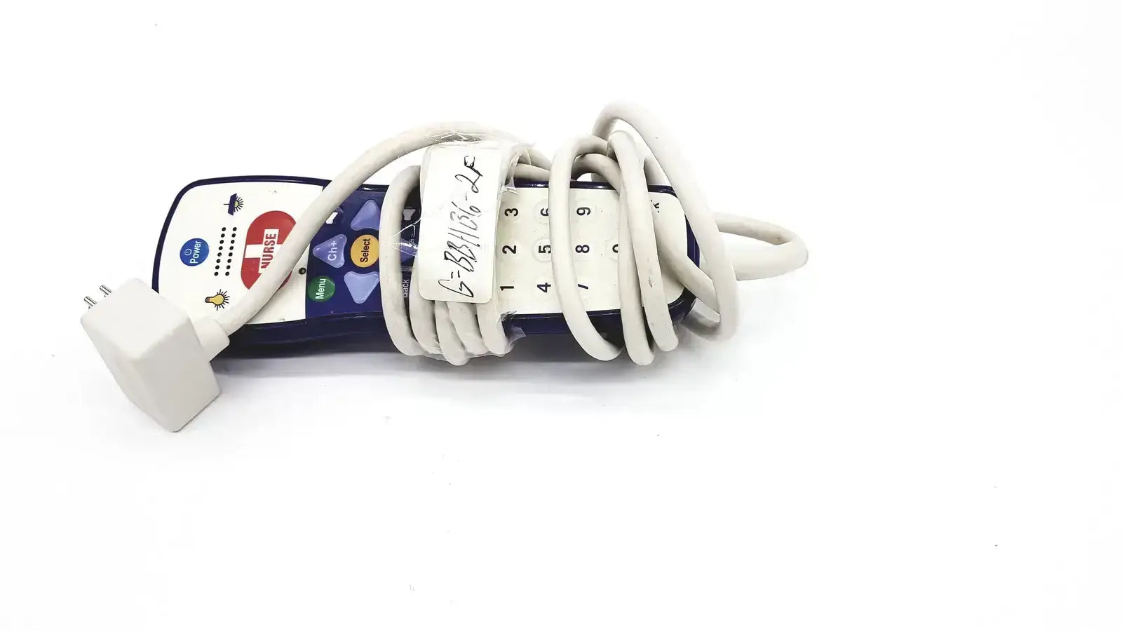 Blue and white anacom medtek b0857-088dj nurse call unit with coiled white cable wrapped around its body