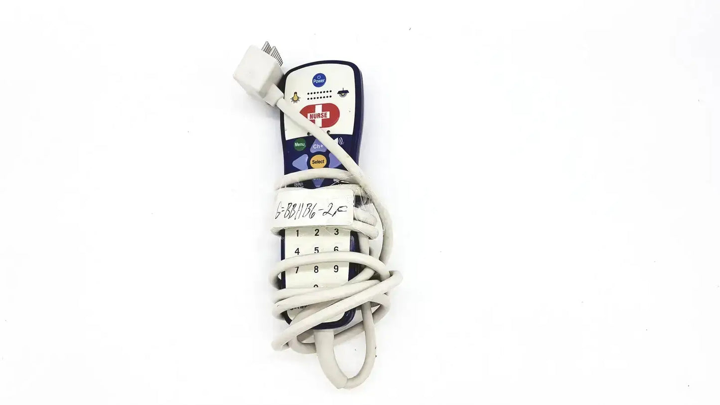 Anacom MedTek B0857-088DJ nurse call unit with blue and white medical remote and coiled cable wrapped around midsection