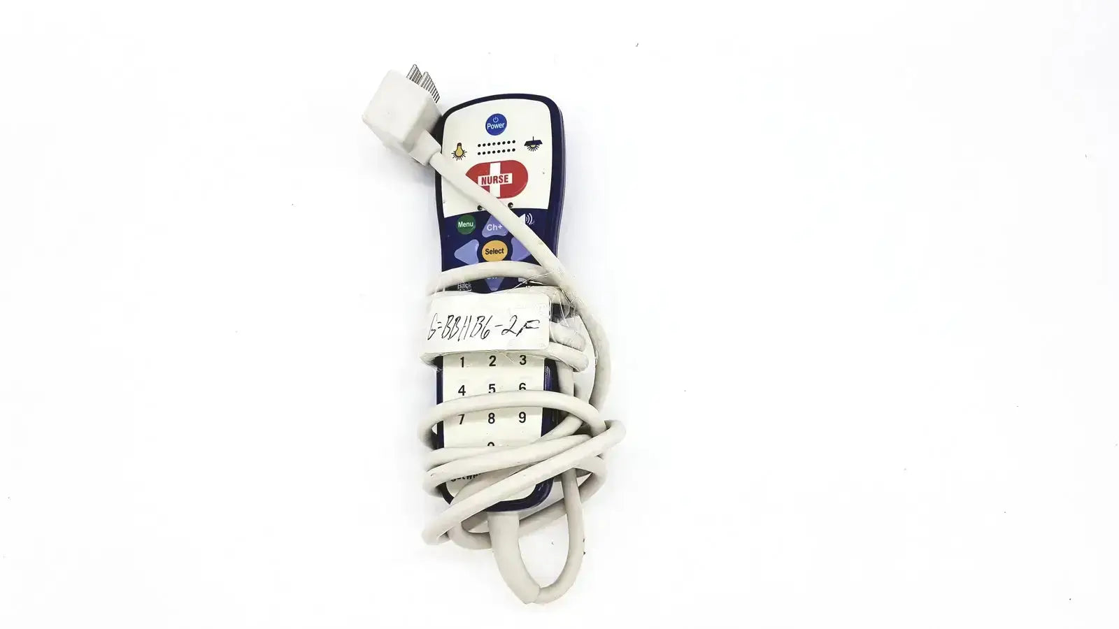 Anacom MedTek B0857-088DJ nurse call unit with blue and white medical remote and coiled cable wrapped around midsection