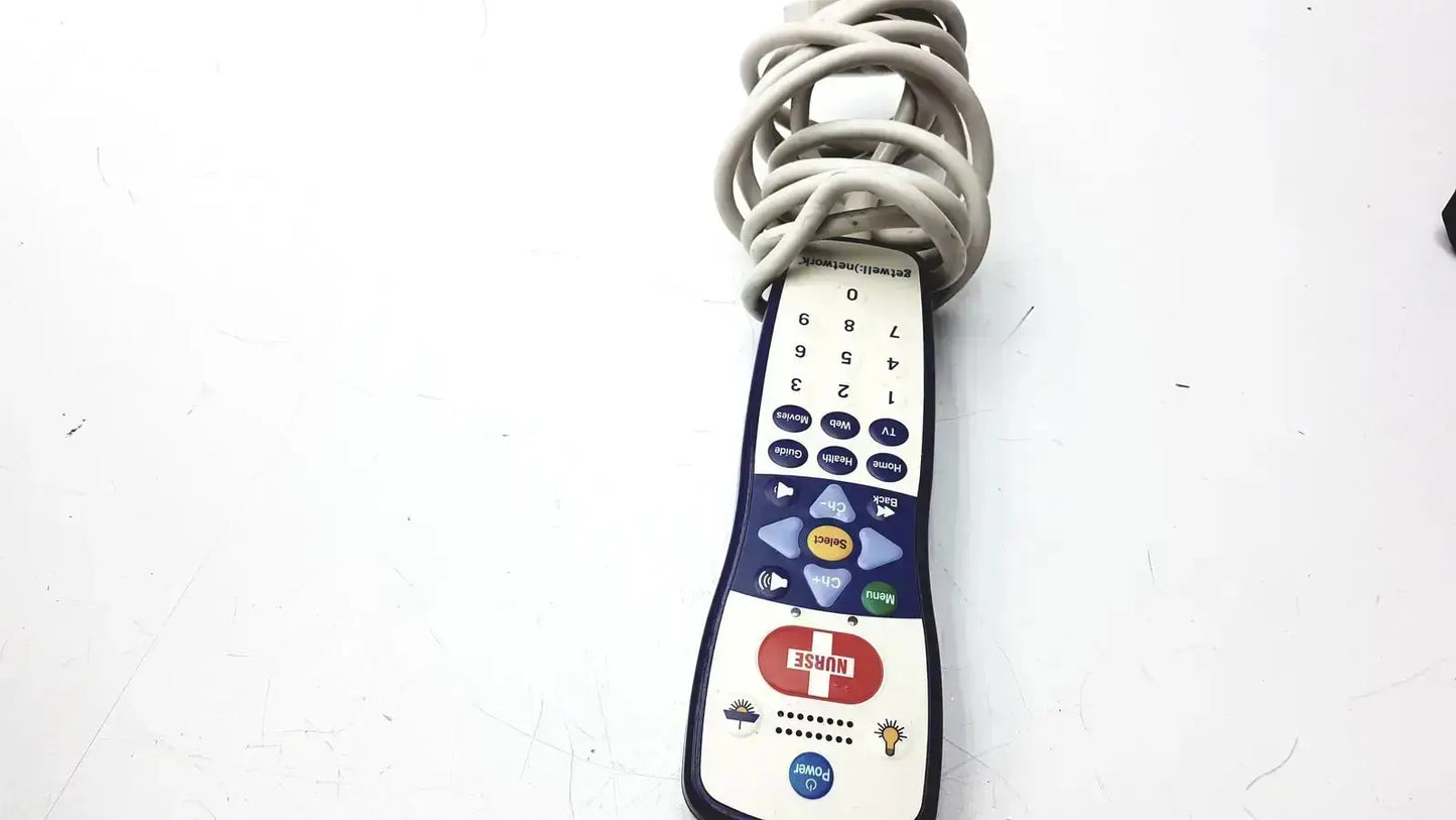 Anacom medtek b0857-088dj nurse call unit white and blue remote control with coiled gray cable wrapped on top