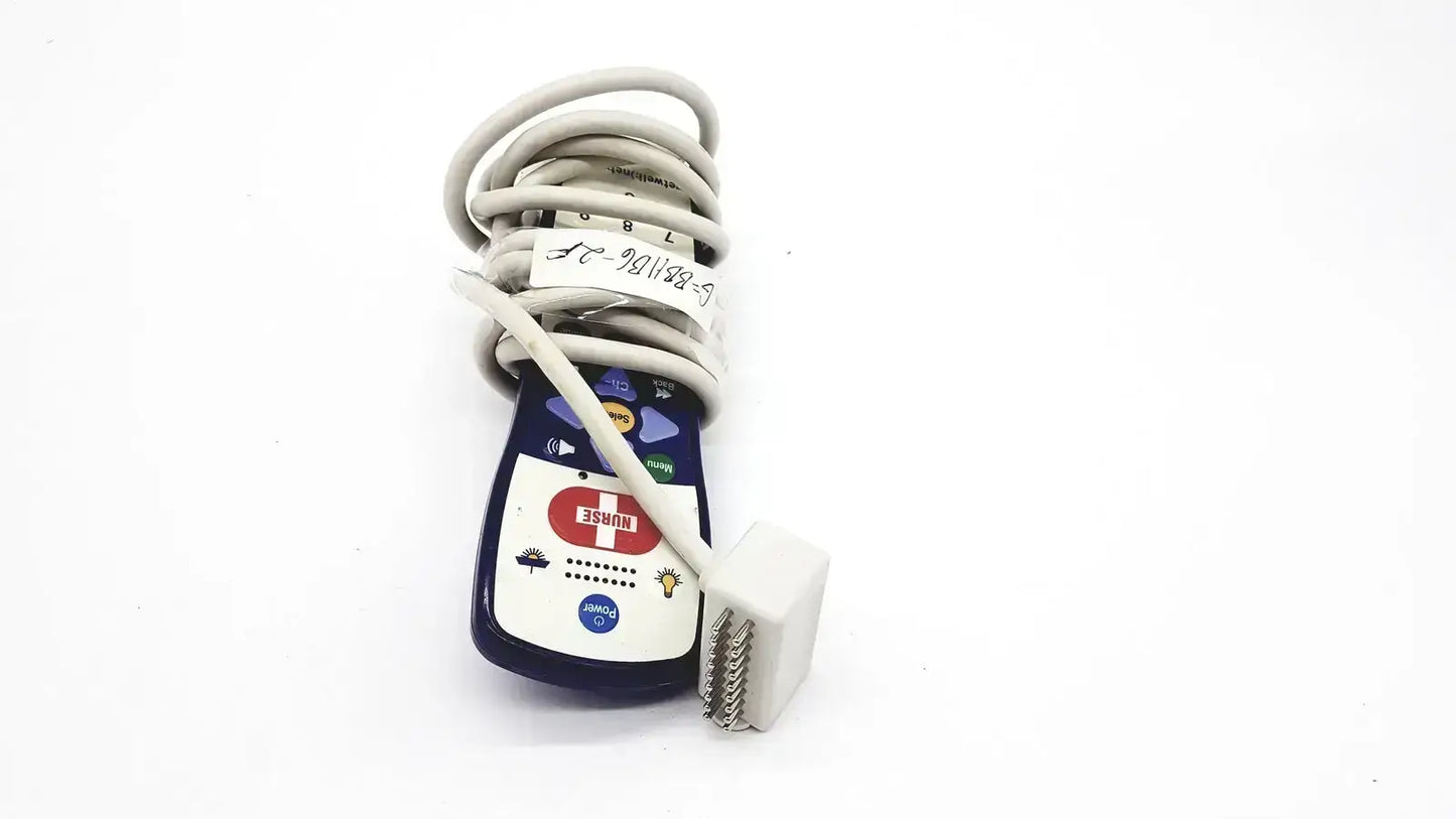 Blue and white anacom medtek b0857-088dj nurse call unit with coiled gray cable for hospital communication use