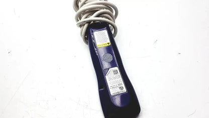 Dark blue plastic anacom medtek b0857-088dj nurse call unit remote control with coiled gray cord wrapped around handle