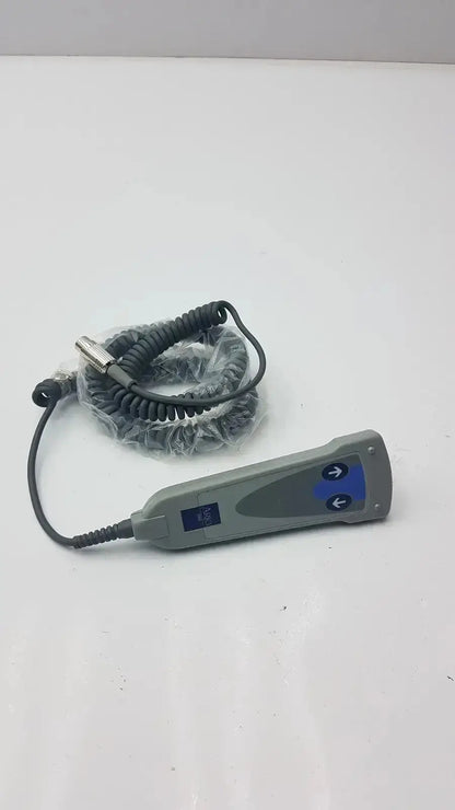Gray arjo 2 button function handset with blue directional buttons and coiled cable for used medical equipment sale g-bbde2-30t
