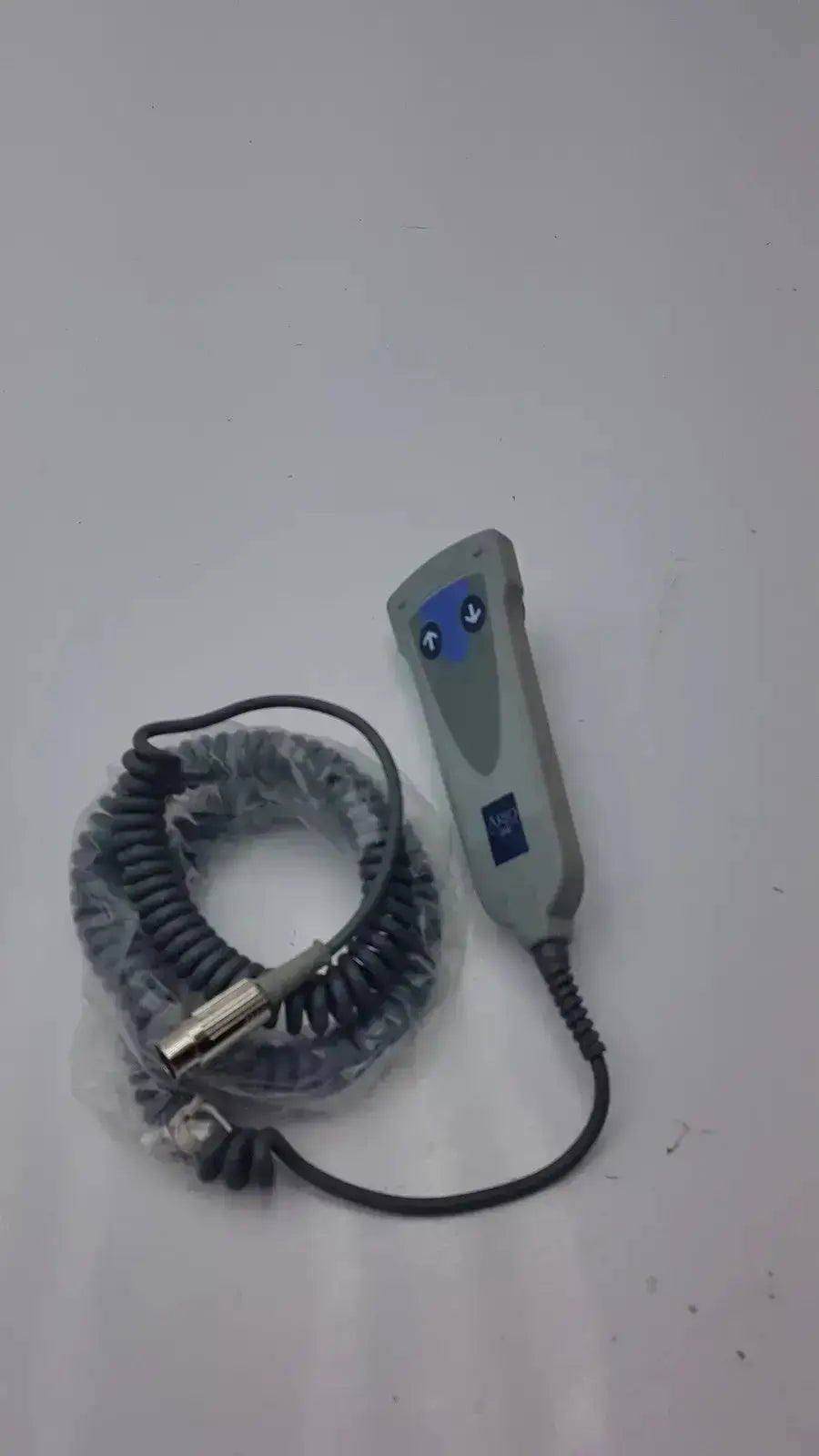Gray arjo 2 button function handset with blue buttons and coiled black cable g-bbde2-30t used medical equipment for sale