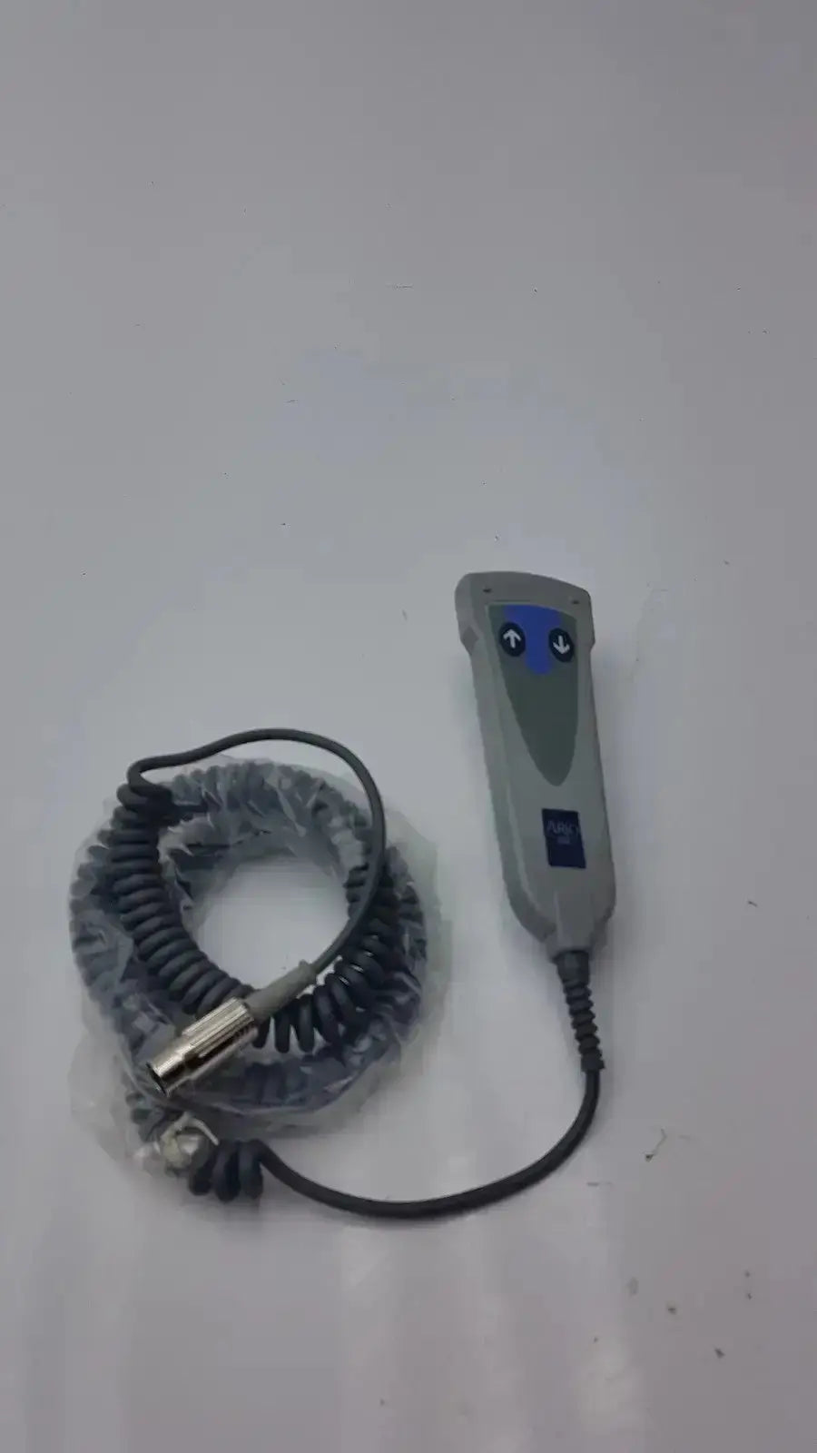 Gray arjo 2 button function handset with blue directional buttons and coiled black cable g-bbde2-30t used medical equipment for sale