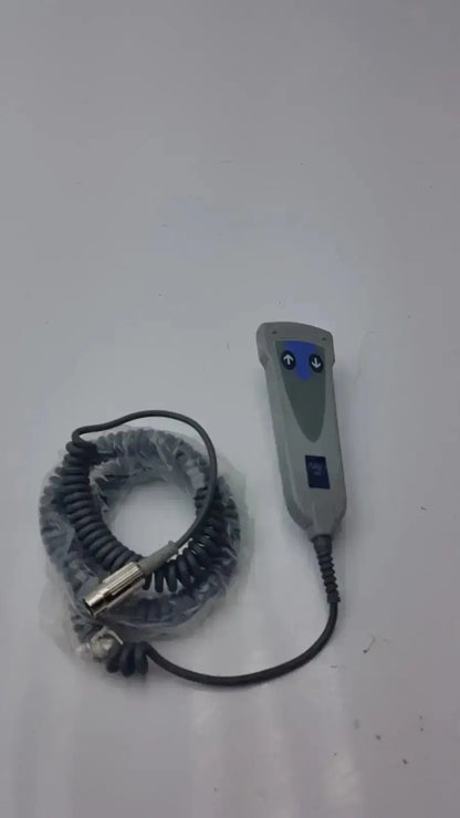 Gray arjo 2 button function handset with blue directional buttons and coiled black cable g-bbde2-30t used medical equipment for sale