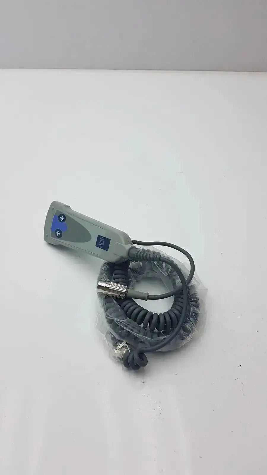 Gray Arjo 2 button function handset with blue buttons and coiled black cable g-bbde2-30t used medical equipment for sale