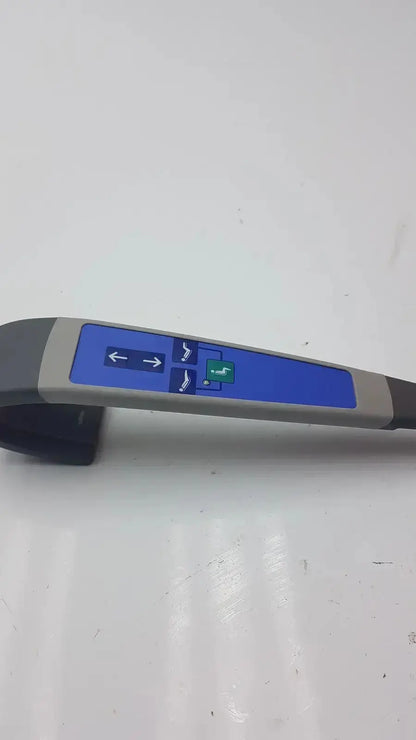 Gray and blue handheld arjo huntleigh carendo remote with directional arrows and green button for shower hygiene chair control