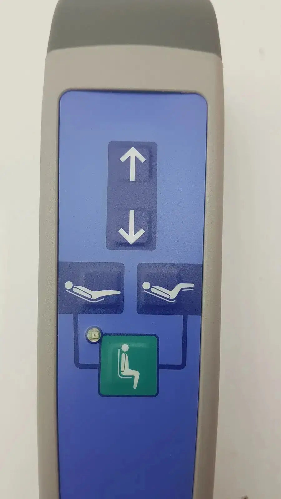 Gray arjo huntleigh carendo remote elevator control panel with blue display and icons for shower hygiene chair functions