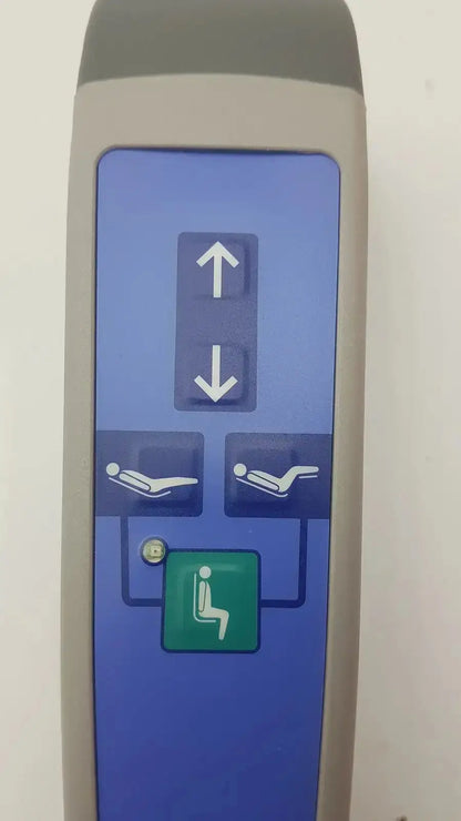 Gray arjo huntleigh carendo remote elevator control panel with blue display and icons for shower hygiene chair functions