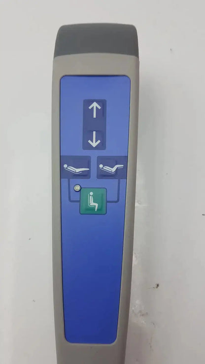 Gray elevator control panel with blue display and seat icons on arjo huntleigh carendo shower hygiene chair remote