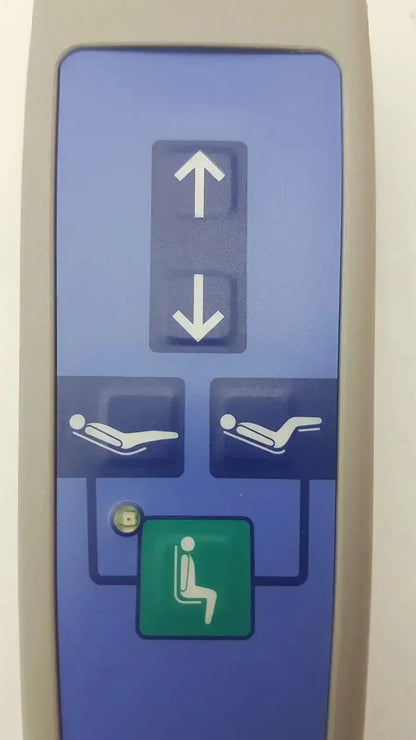 Blue arjo huntleigh carendo remote control panel with arrows recline and green seat button for shower hygiene chair