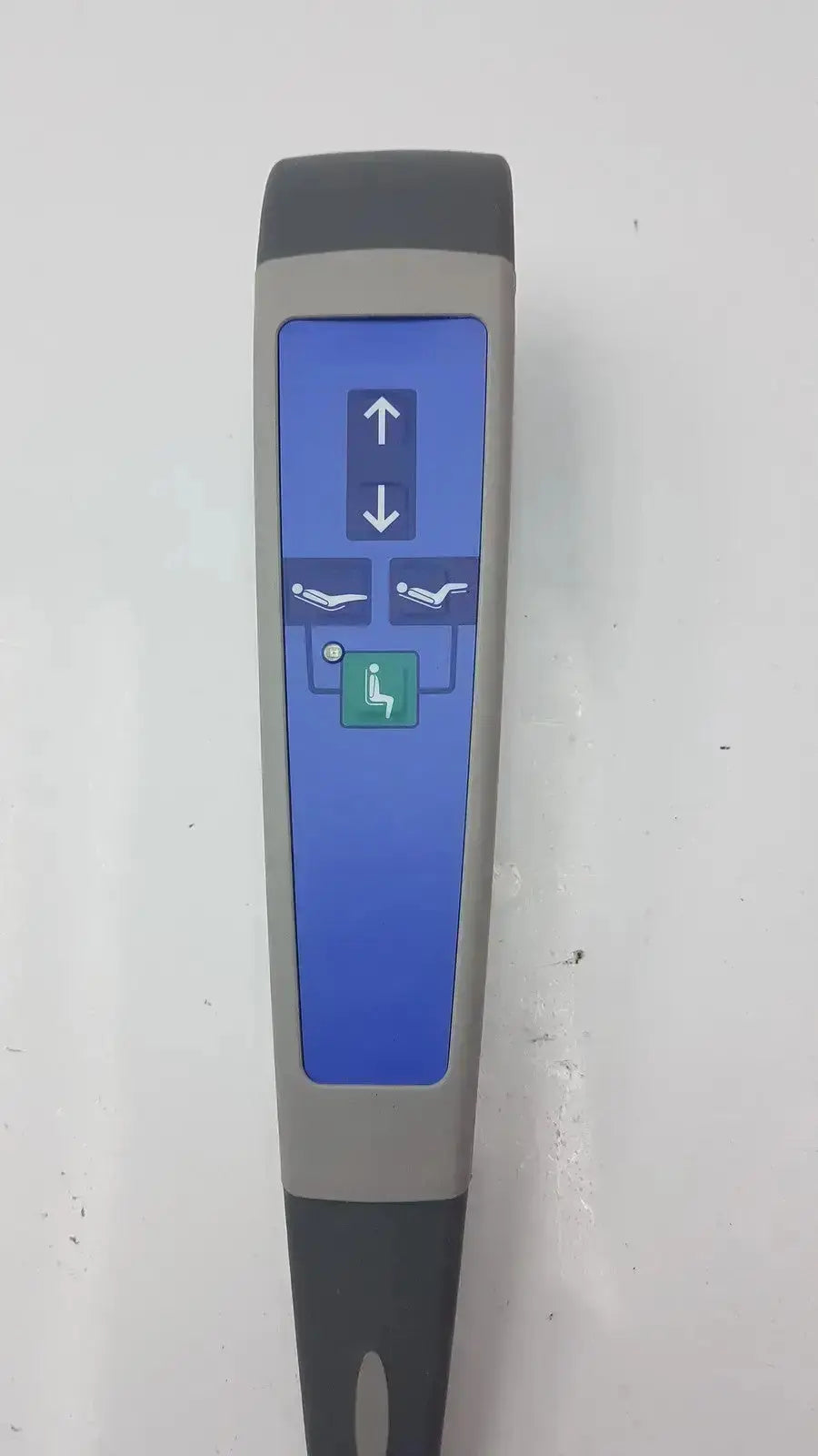 Gray and black arjo huntleigh carendo remote with blue touchscreen for shower hygiene chair 5 function control panel