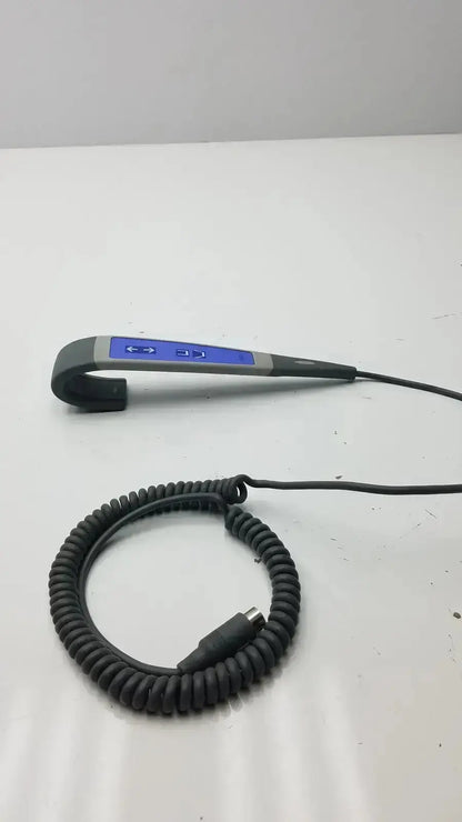 Gray and blue ergonomic patient lift wired remote handset controller with coiled black cable for Arjo Huntleigh patient lift