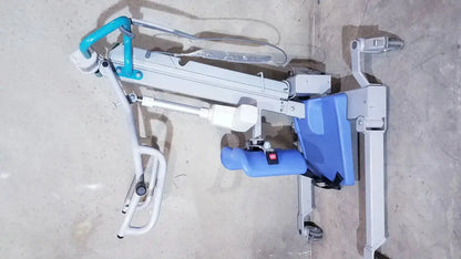 Blue and white arjo sara 3000 hospital mobile patient lift with adjustable armrests and wheels for standing raising assistance