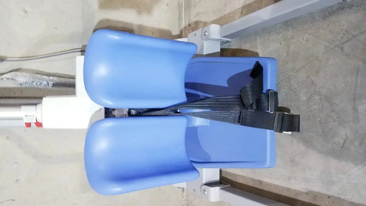 Blue plastic child safety seat with black harness straps for arjo sara 3000 hospital mobile patient standing raising aid
