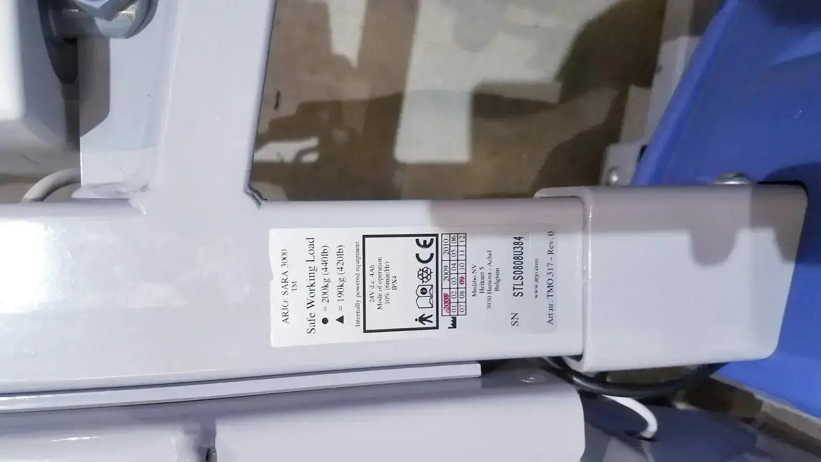 White plastic safety-rated load-bearing component with specifications for arjo sara 3000 hospital mobile patient standing raising aid