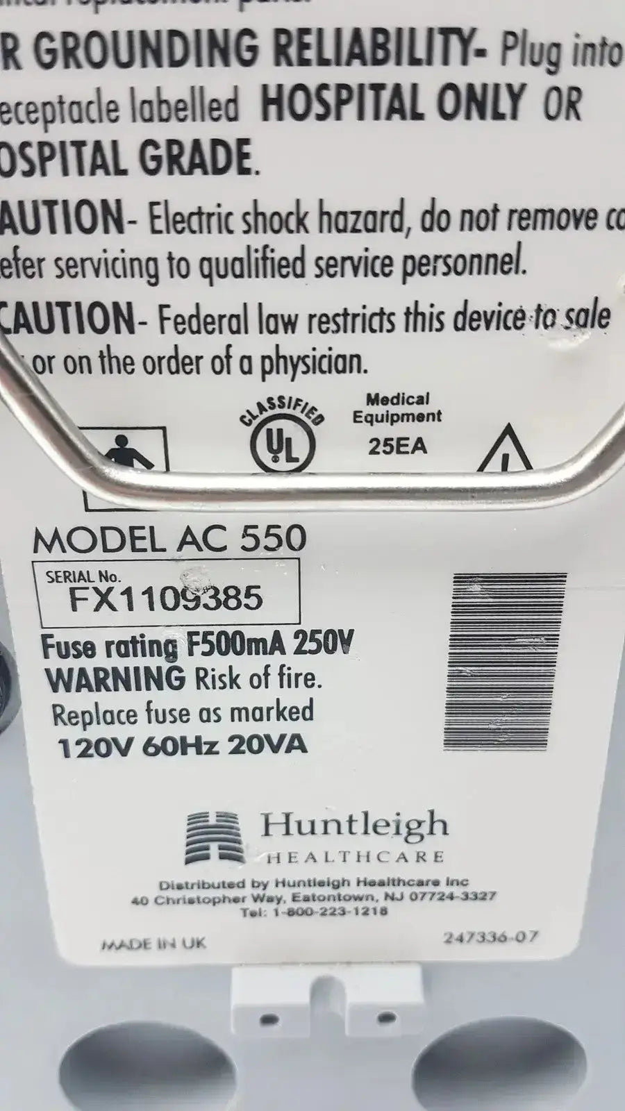 Silver metal medical device label for arjohuntleigh flowtron excel model ac 550 from huntleigh healthcare