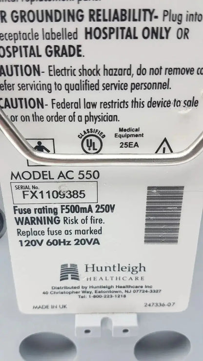 Silver metal medical device label for arjohuntleigh flowtron excel model ac 550 from huntleigh healthcare