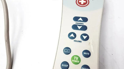 White plastic Ascom hc-pspkr-da-d2 patient response remote control with blue green buttons and red cross logo