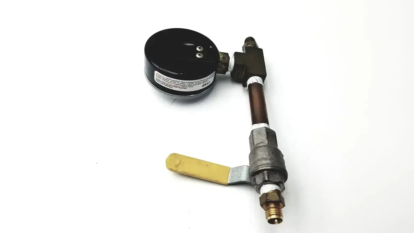 Black ashcroft dual-scale pressure gauge 0 to 200 psi mounted on brass and copper pipe with yellow valve for pre owned medical equipment